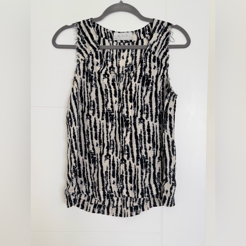 A.L.C. $269 ANIMAL PRINTED Black White SILK BLOUSE EYELASH TRIM SZ S